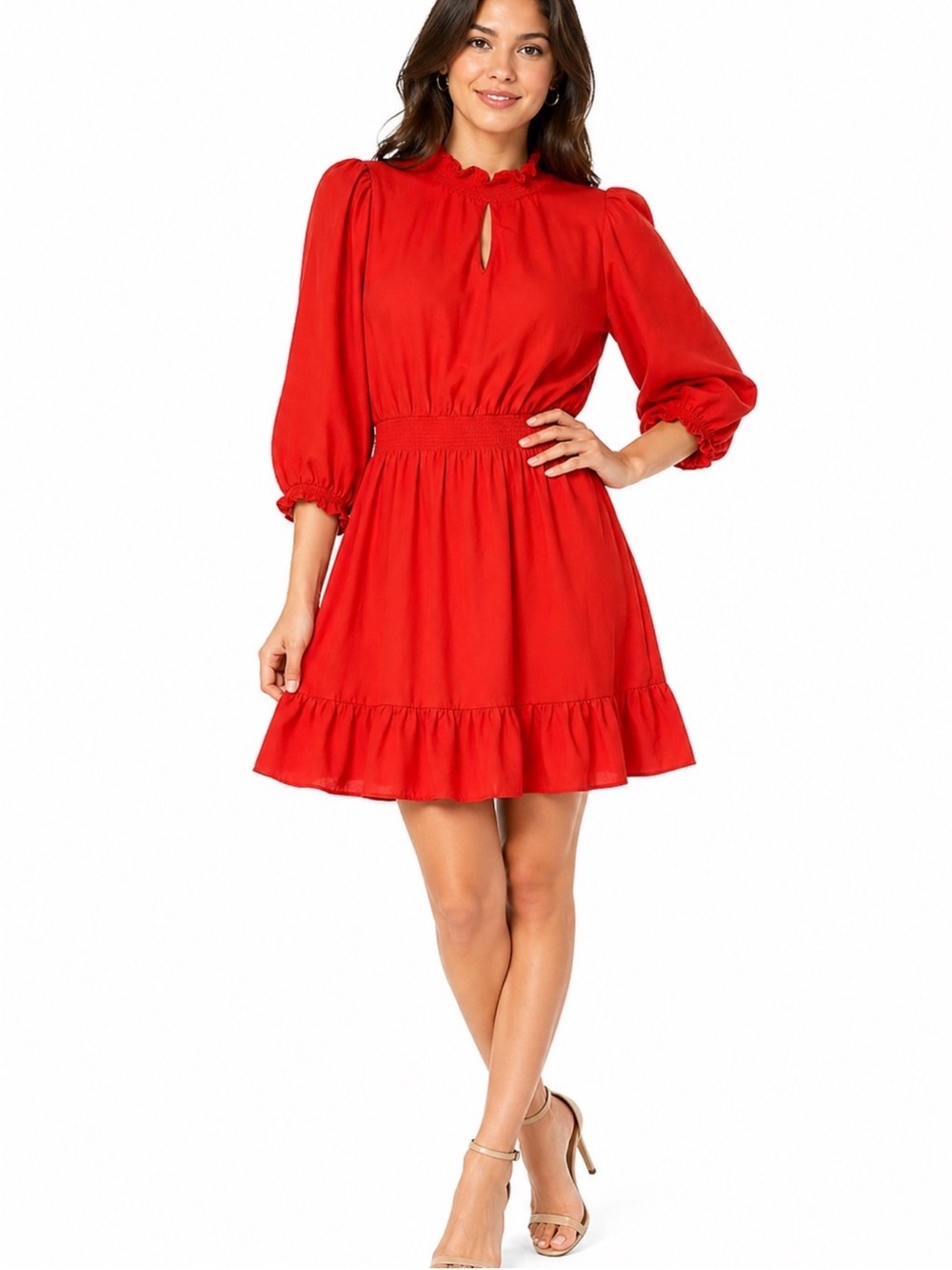 Nanette Lepore Red Ruffled Neck Smocked Waist Dress Size 14
